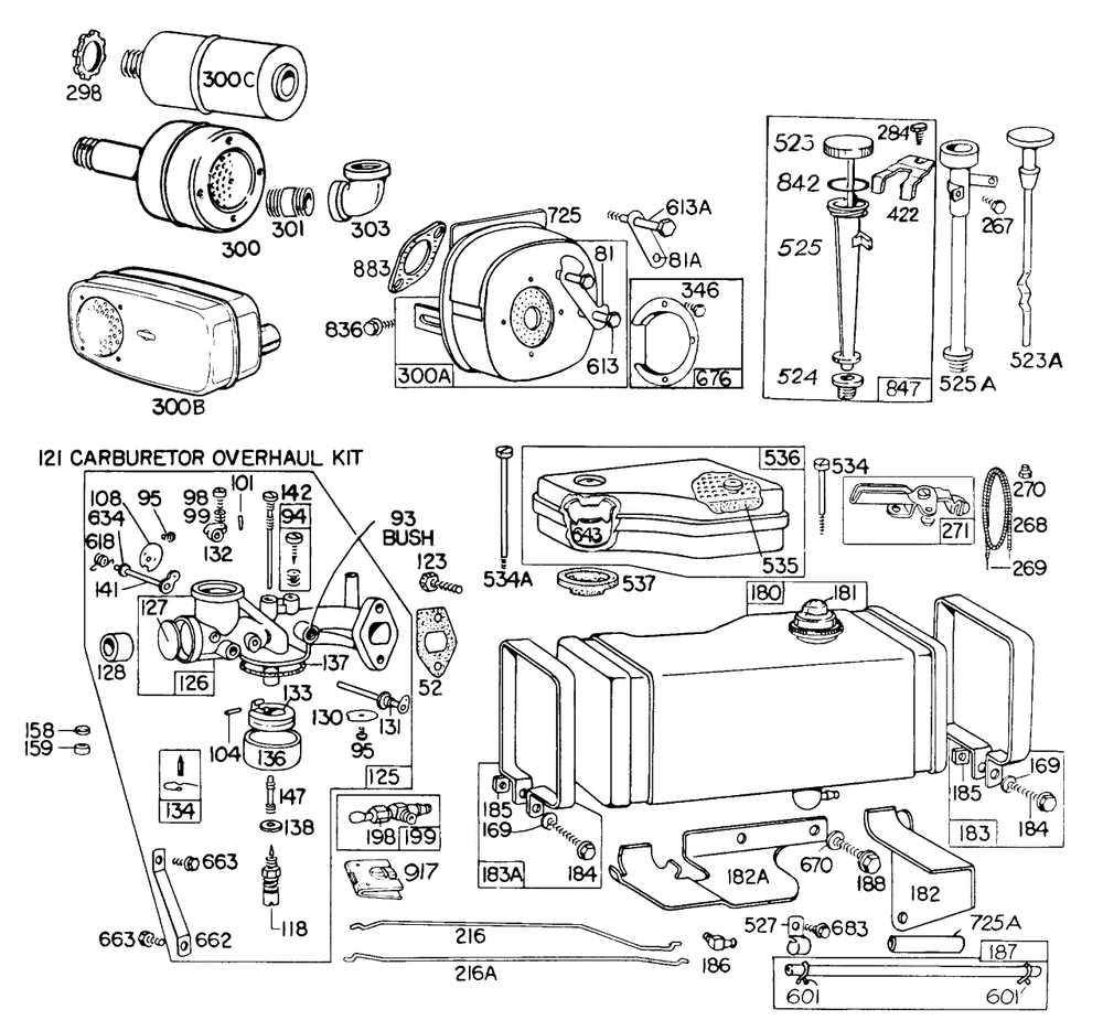Carb, Fuel Tank, A/C, Muffler Diagram and Parts List for 190707-0793-XX  Briggs and Stratton Engine
